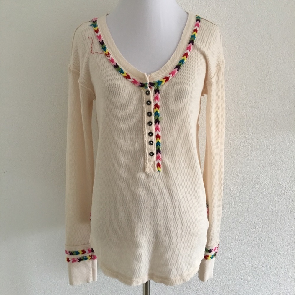 New Free People Women's Baselayer Rainbow Thermal XS Cream V Neck